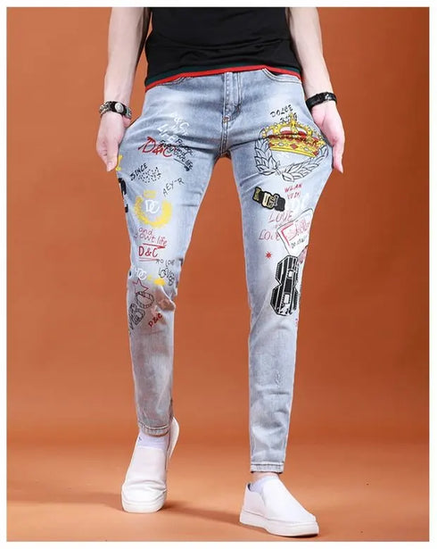Slim Fit Korean Streetwear Graphical Printed Luxury Hip-Hop Stretch Denim Jeans for Men - Perfect Medium Wash Jeans Outfit